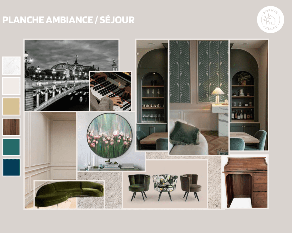 Planche ambiance moodboard salon séjour Sophie Jelger